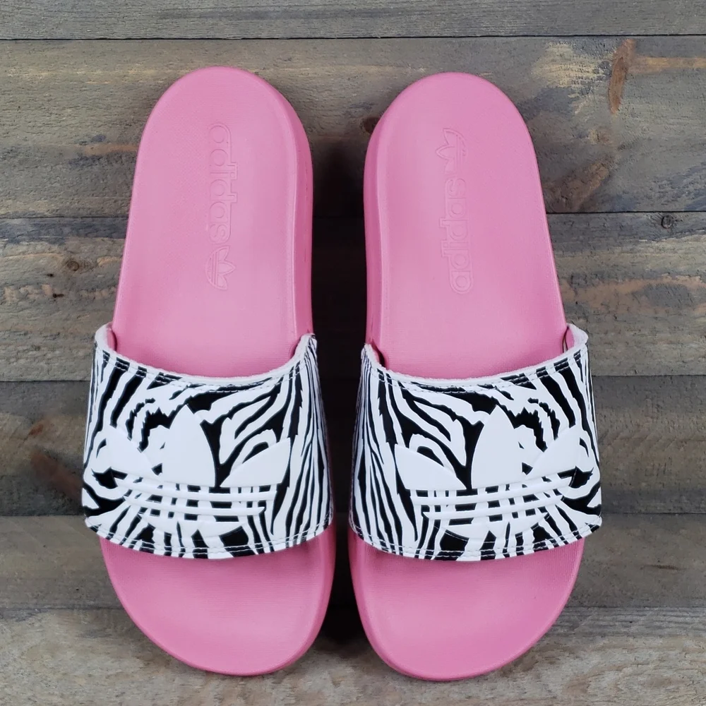 adidas Women's Adilette Comfort Slide Sandals Rose Tone Black/White Zebra Print